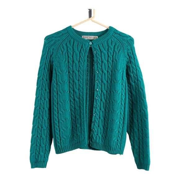 Vintage Joan Harper green cable knit cardigan sweater size M - Picture 1 of 6